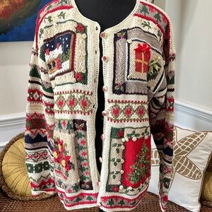 Women’s Holiday Knit Cardigan Sweater - Cream Multi